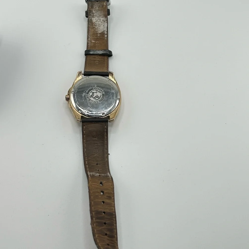 Citizen Eco-Drive Gold and Brown leather white dial Watch #593